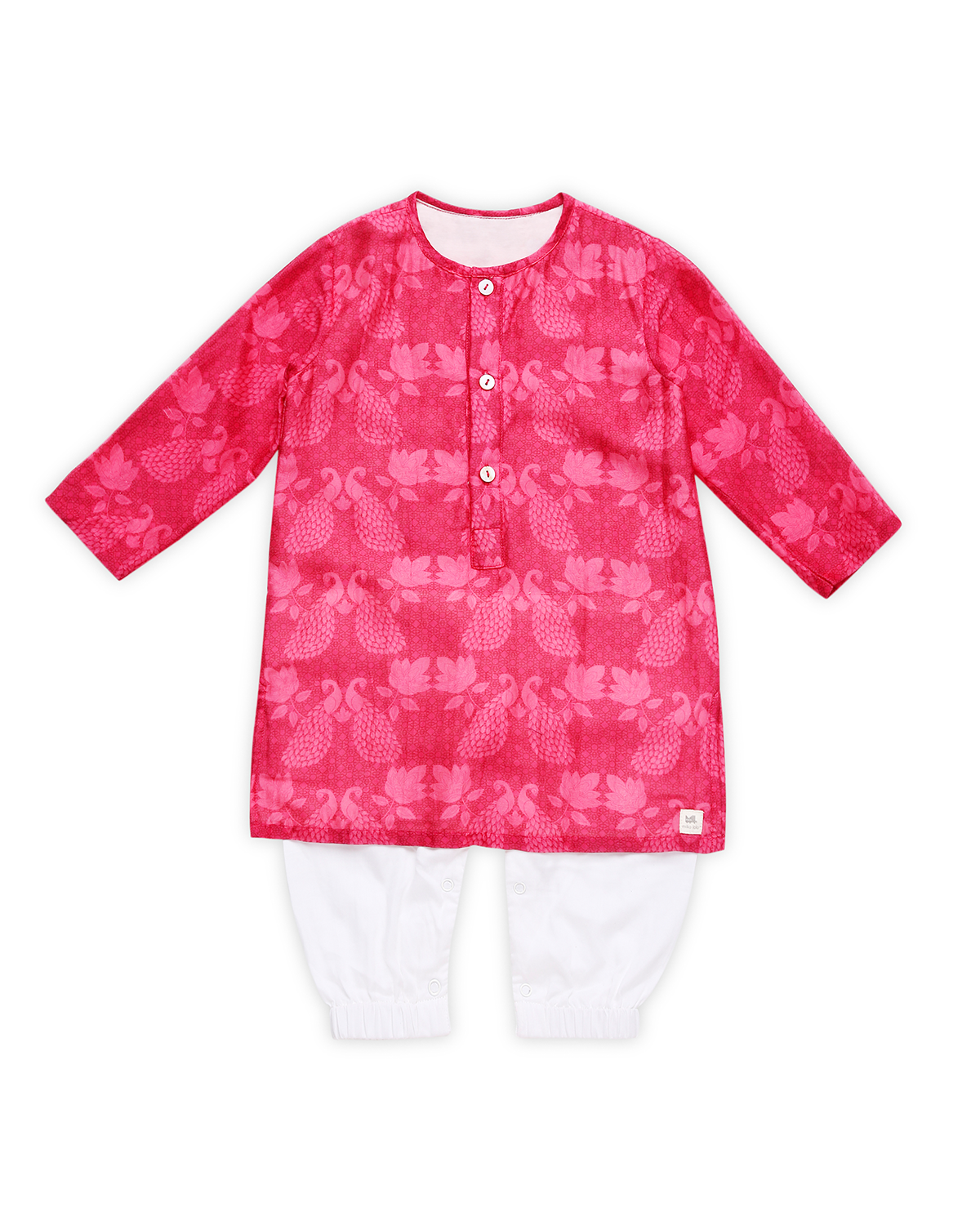 Maanik Chanderi Peacock Printed Infant Kurta with Attached Pyjama (Onesie), Magenta