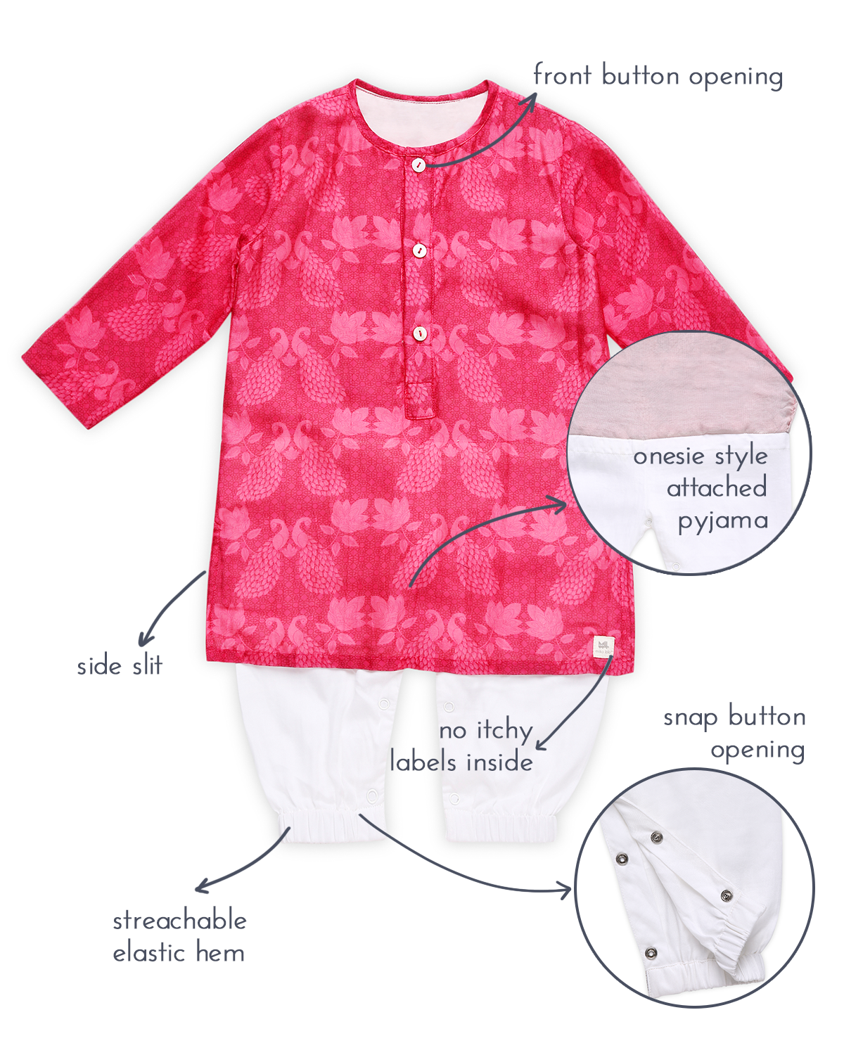 Maanik Chanderi Peacock Printed Infant Kurta with Attached Pyjama (Onesie), Magenta