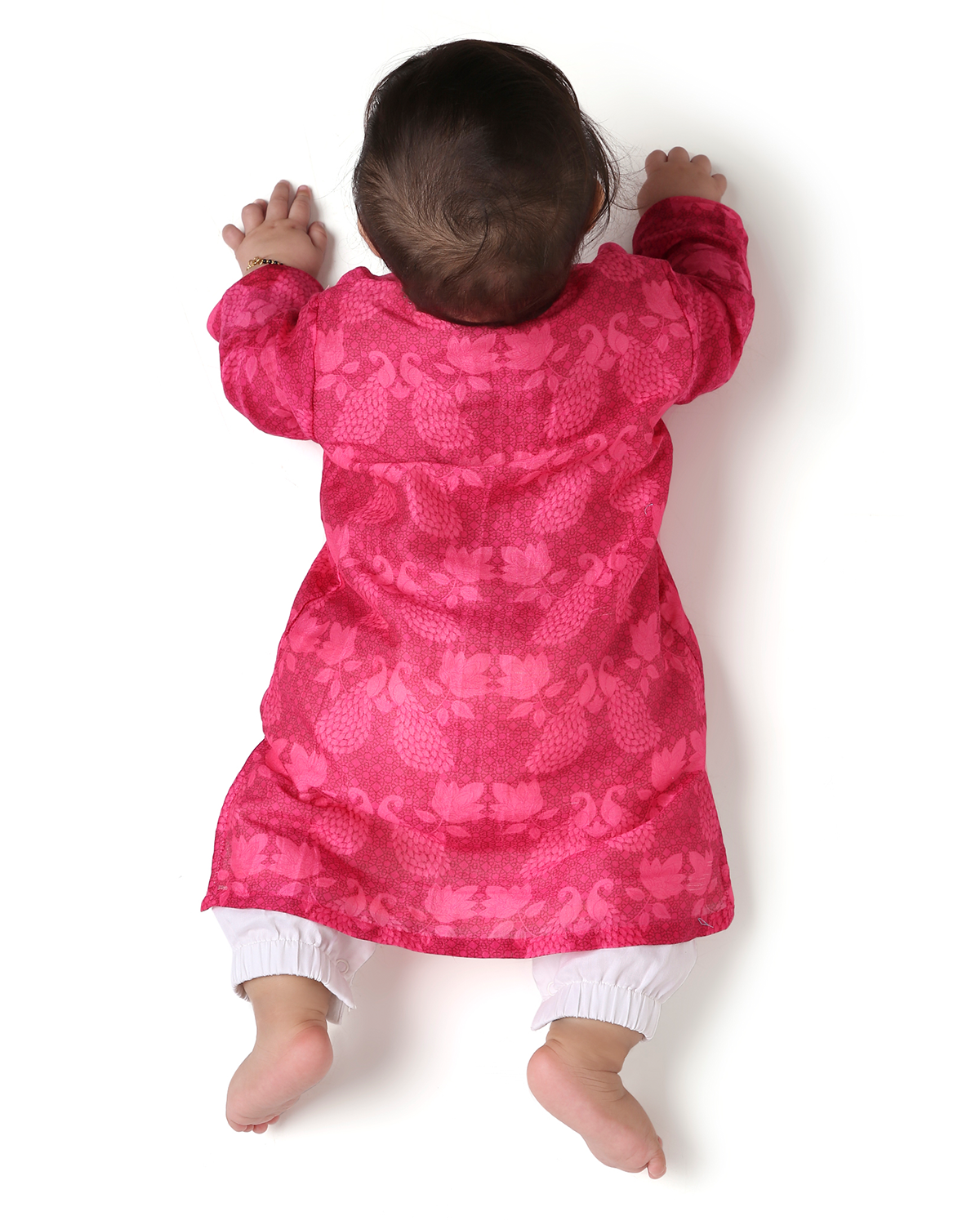 Maanik Chanderi Peacock Printed Infant Kurta with Attached Pyjama (Onesie), Magenta