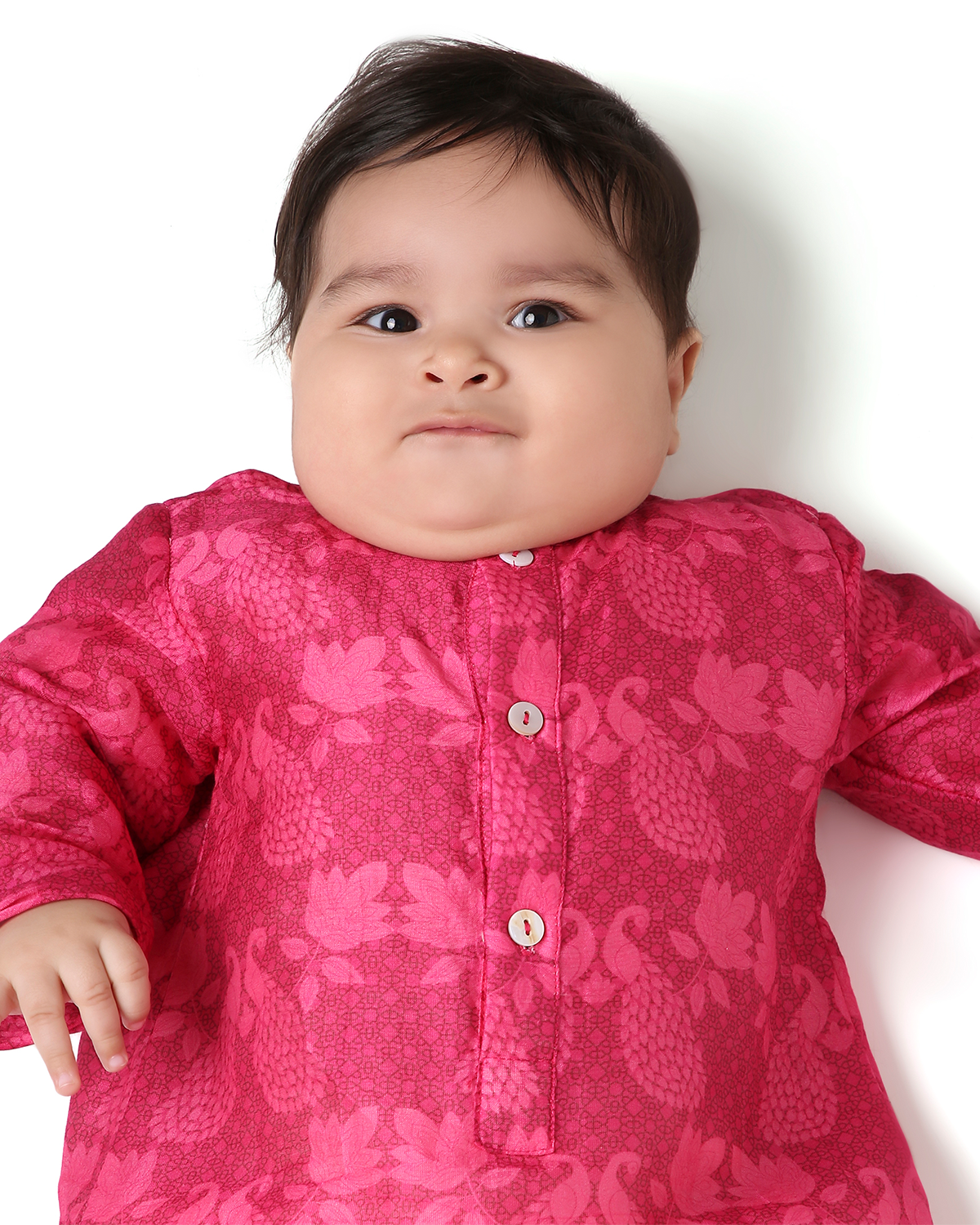 Maanik Chanderi Peacock Printed Infant Kurta with Attached Pyjama (Onesie), Magenta