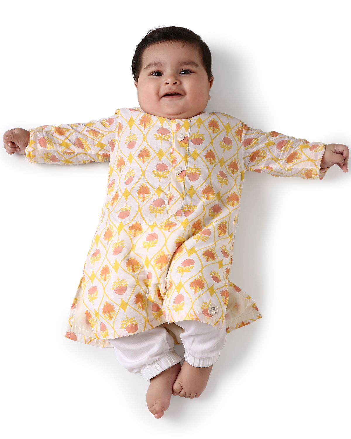 Zahra Handblock Printed Infant Kurta with Attached Pyjama (Onesie), White