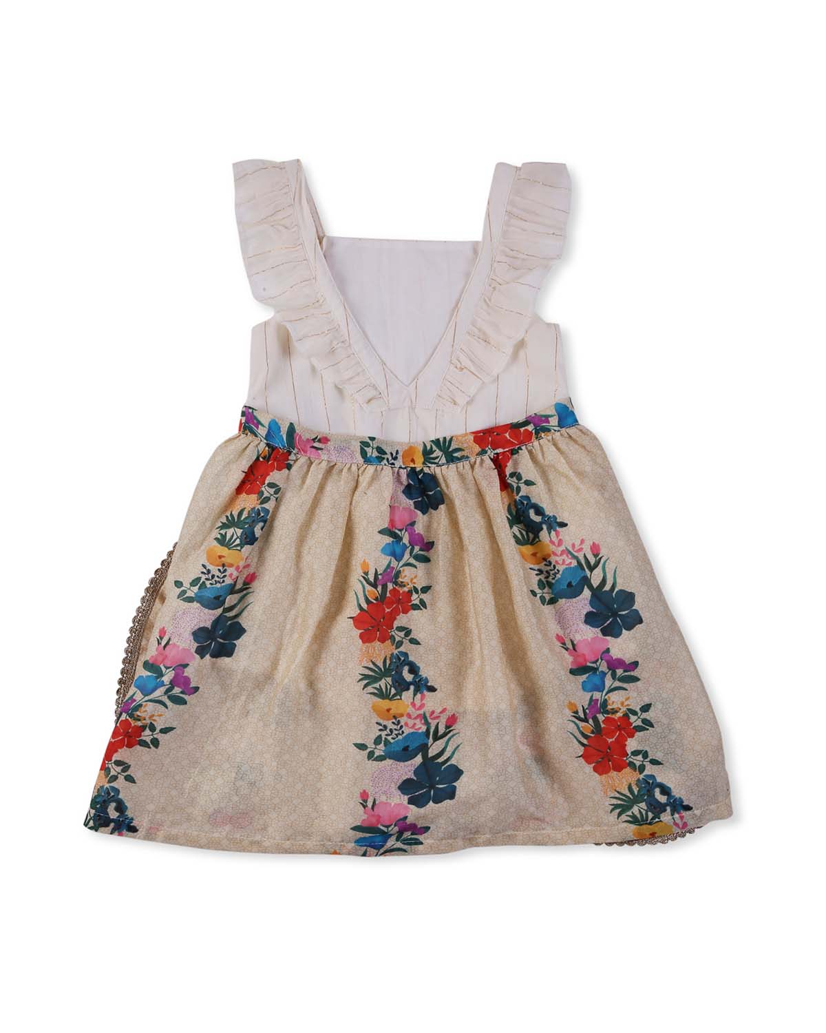 Gulzar Chanderi Floral Printed Infant Onesie with Detachable Lehenga Skirt and Matching Clips, Cream