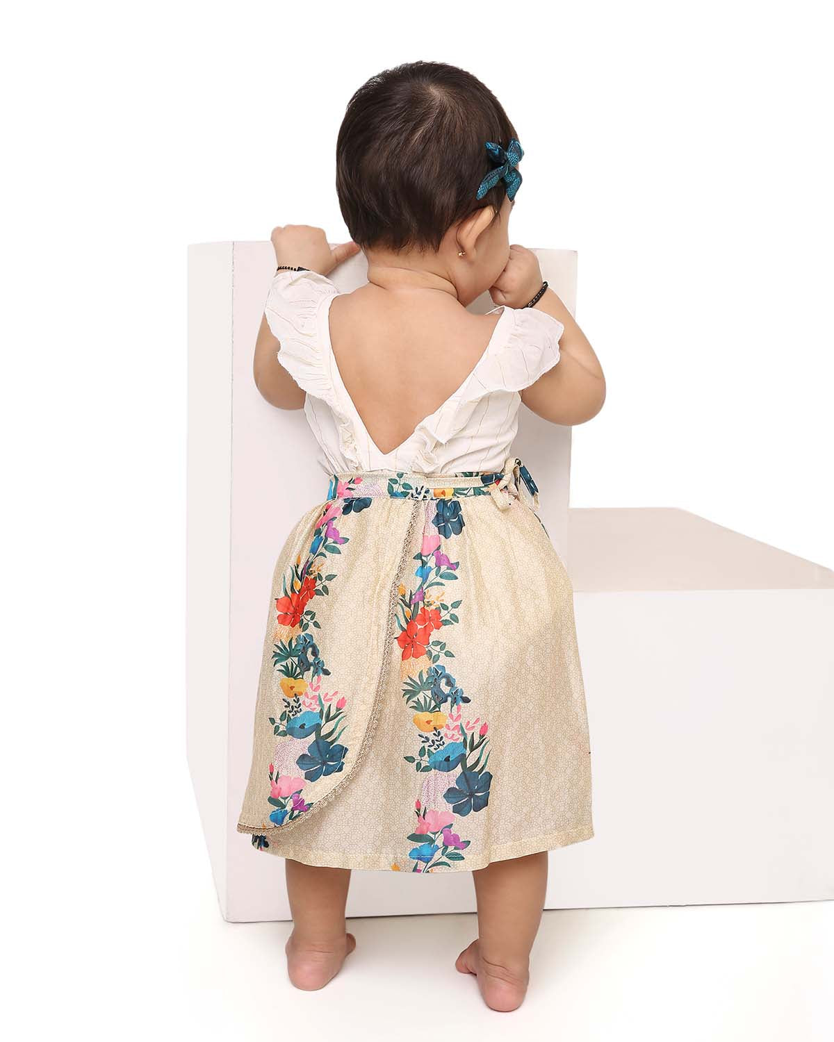 Gulzar Chanderi Floral Printed Infant Onesie with Detachable Lehenga Skirt and Matching Clips, Cream