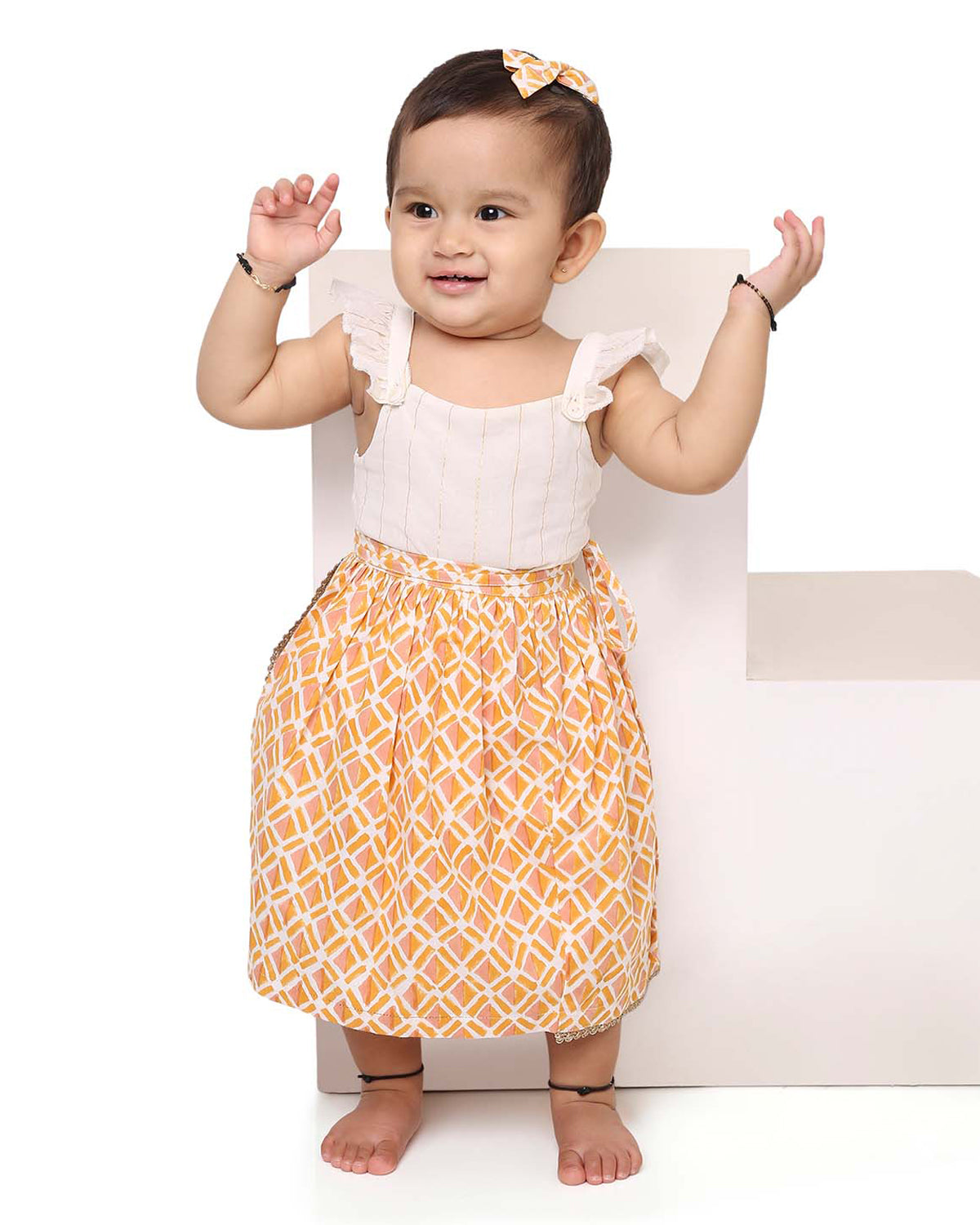 Genda Handblock Printed Infant Onesie with Detachable Lehenga Skirt and Matching Clips, Orange