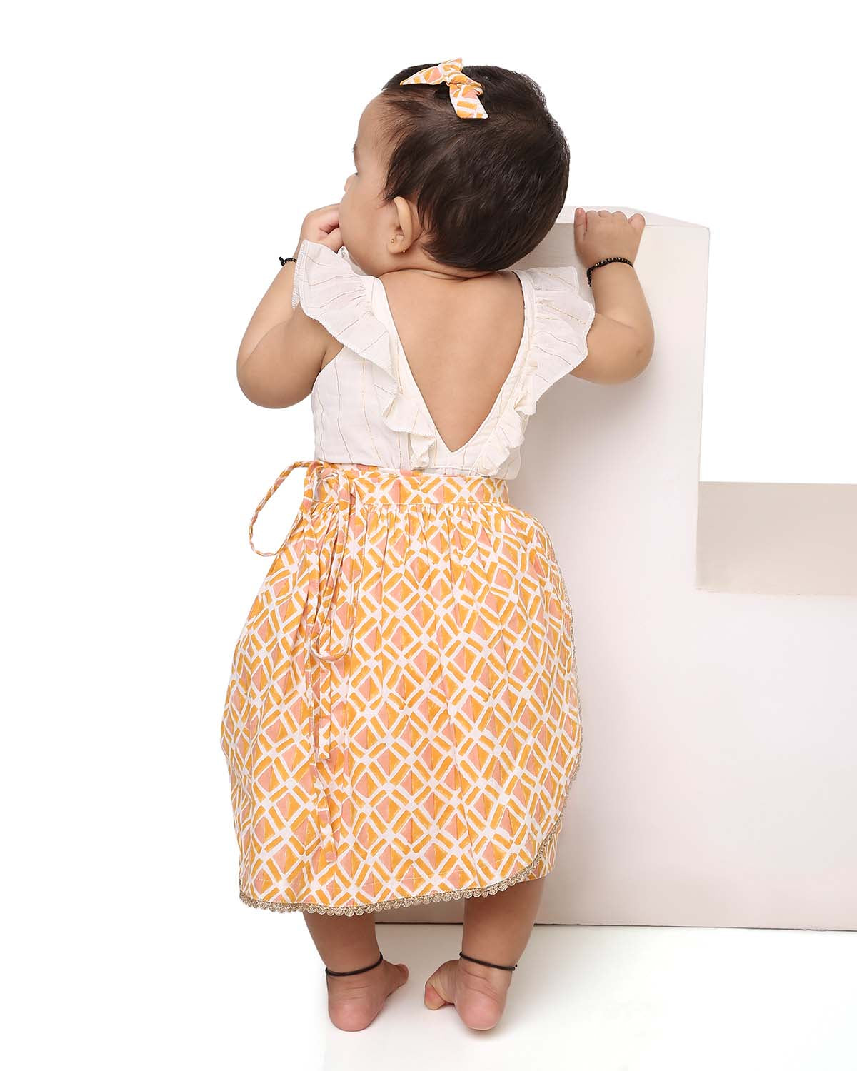 Genda Handblock Printed Infant Onesie with Detachable Lehenga Skirt and Matching Clips, Orange