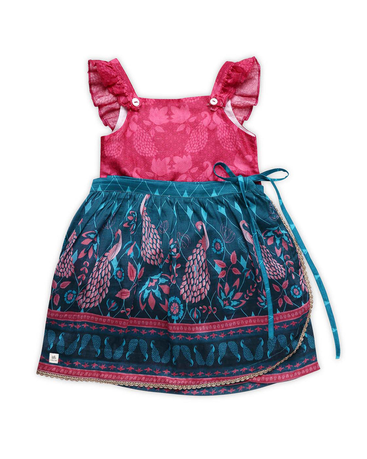 Firoza Chanderi Peacock Printed Infant Onesie with Detachable Lehenga Skirt and Matching Clips, Turquoise and Magenta