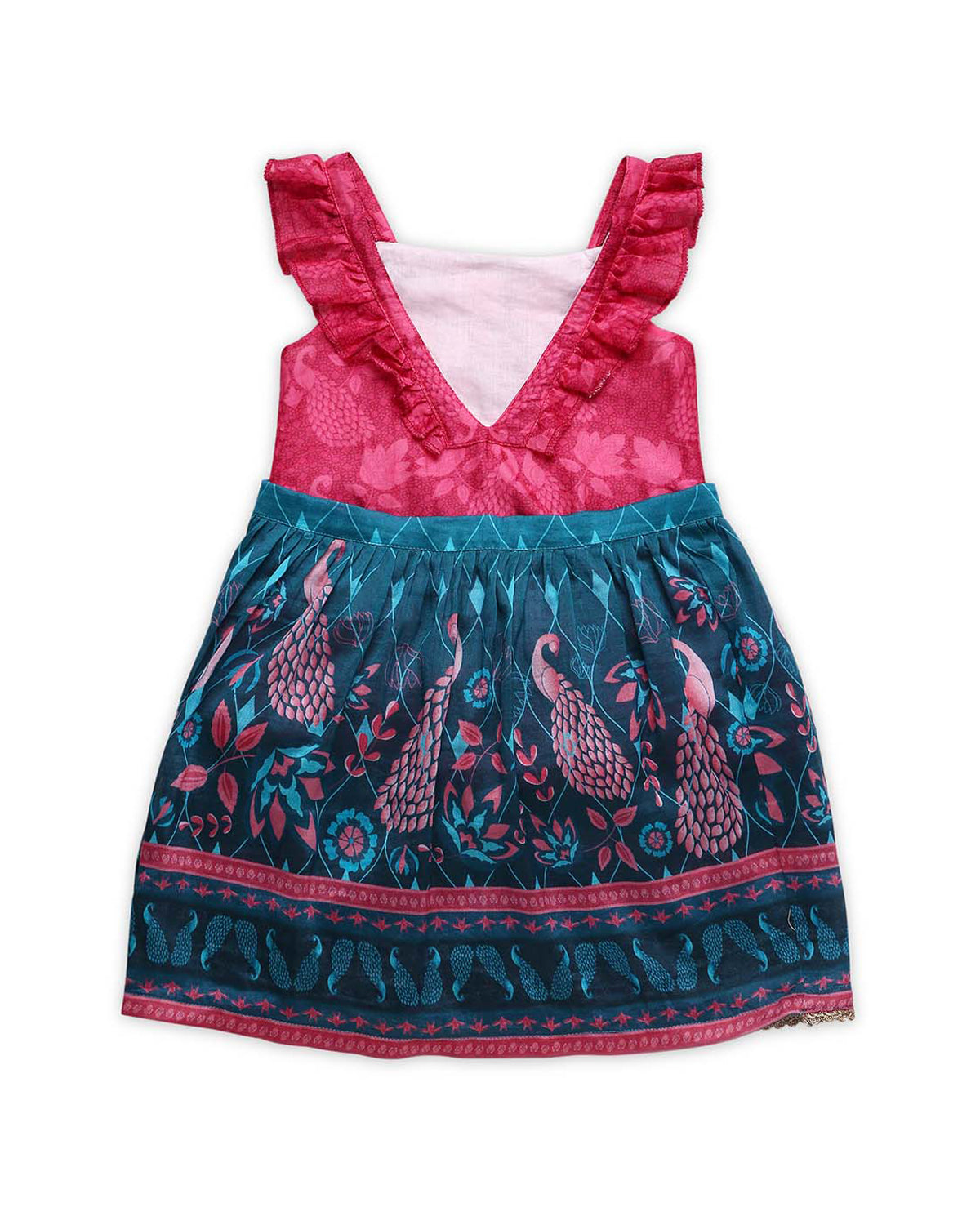 Firoza Chanderi Peacock Printed Infant Onesie with Detachable Lehenga Skirt and Matching Clips, Turquoise and Magenta