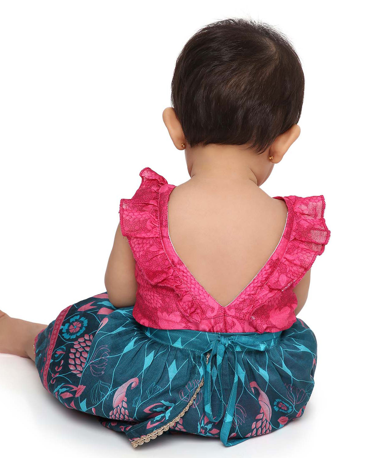 Firoza Chanderi Peacock Printed Infant Onesie with Detachable Lehenga Skirt and Matching Clips, Turquoise and Magenta