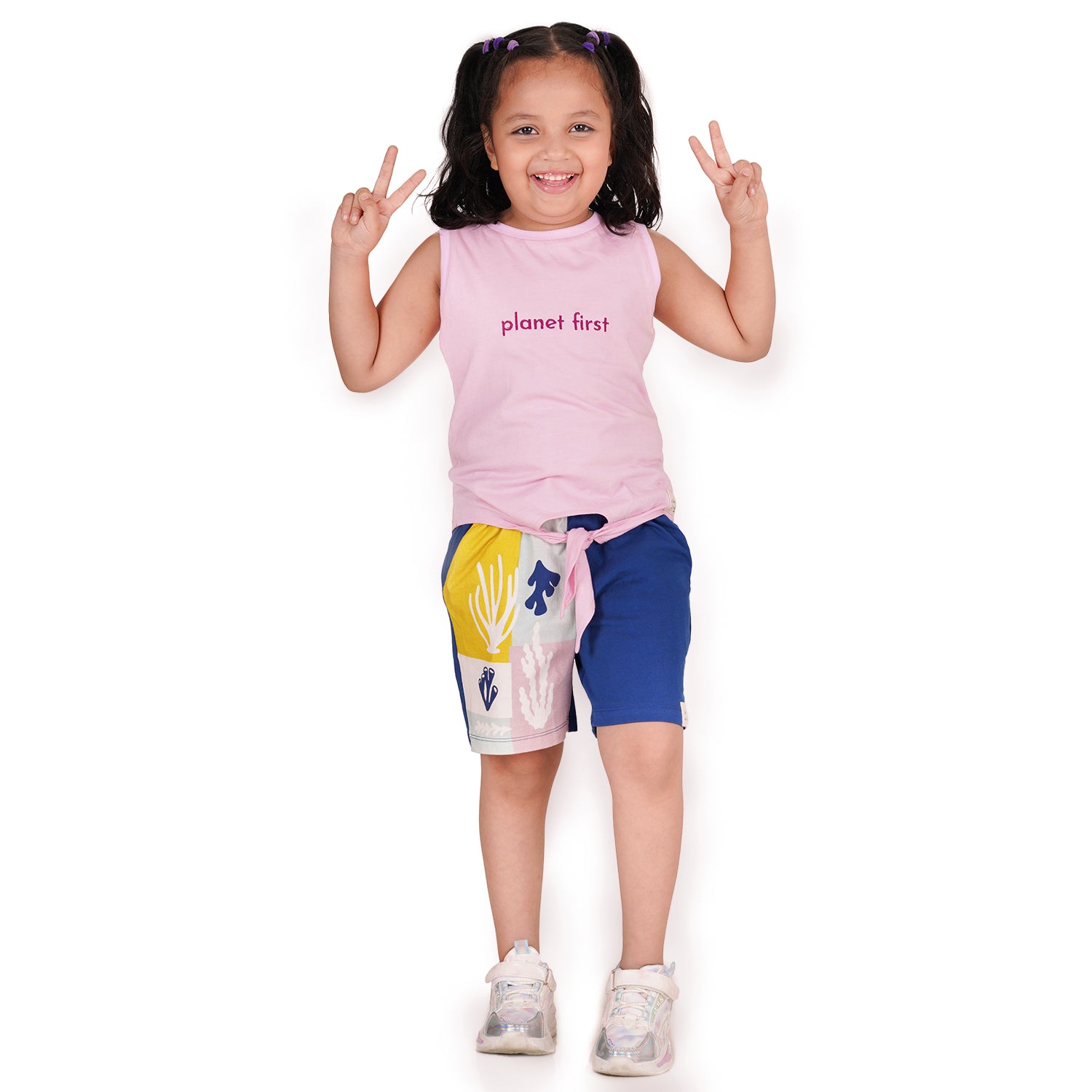 Pink Planet First Slogan Vest with Dark Blue Reef Printed Shorts Set