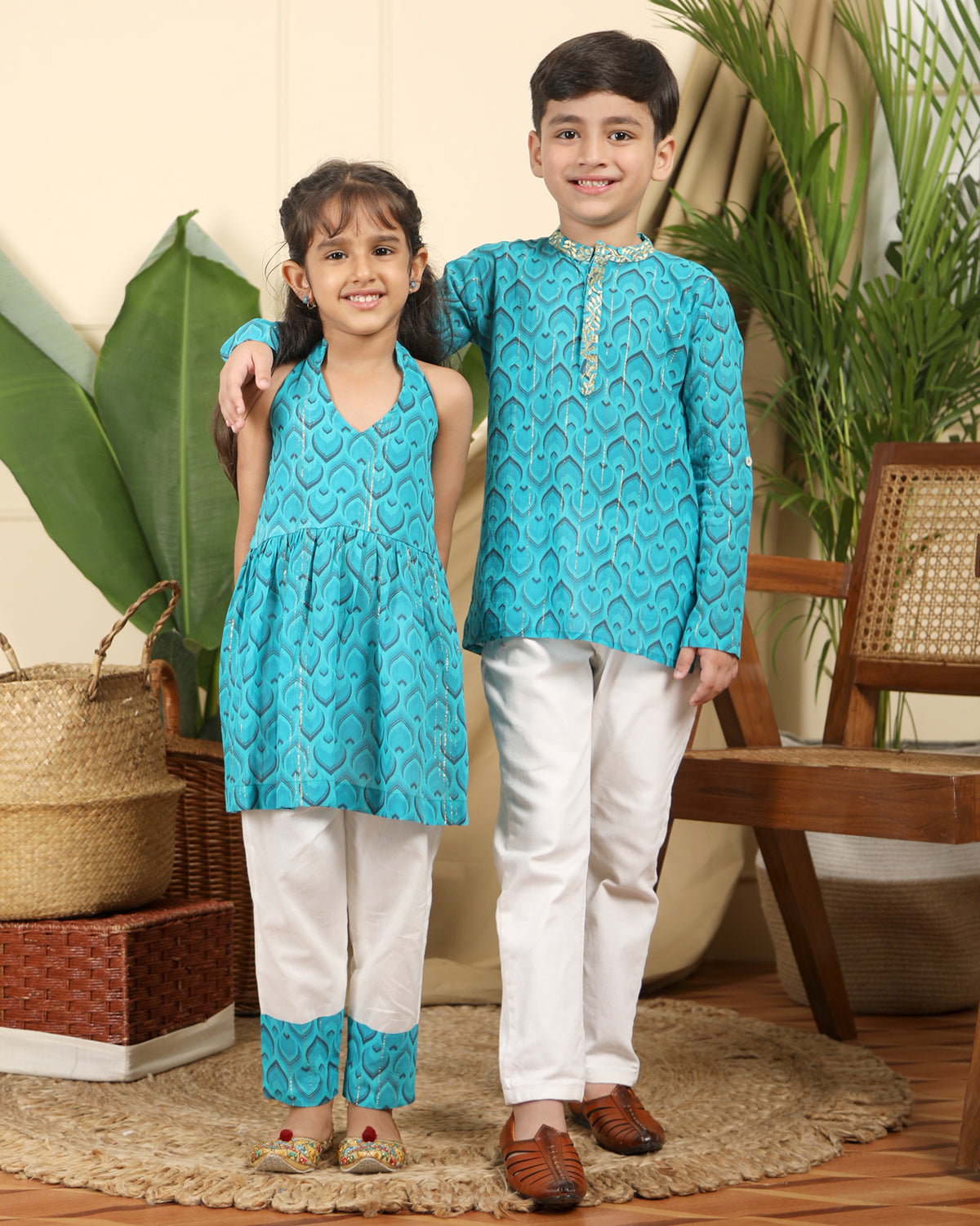 Zarkha Girls Ethnic Halter Neck Tunic with Zari Stripes and Off-White Pyjama in Cotton