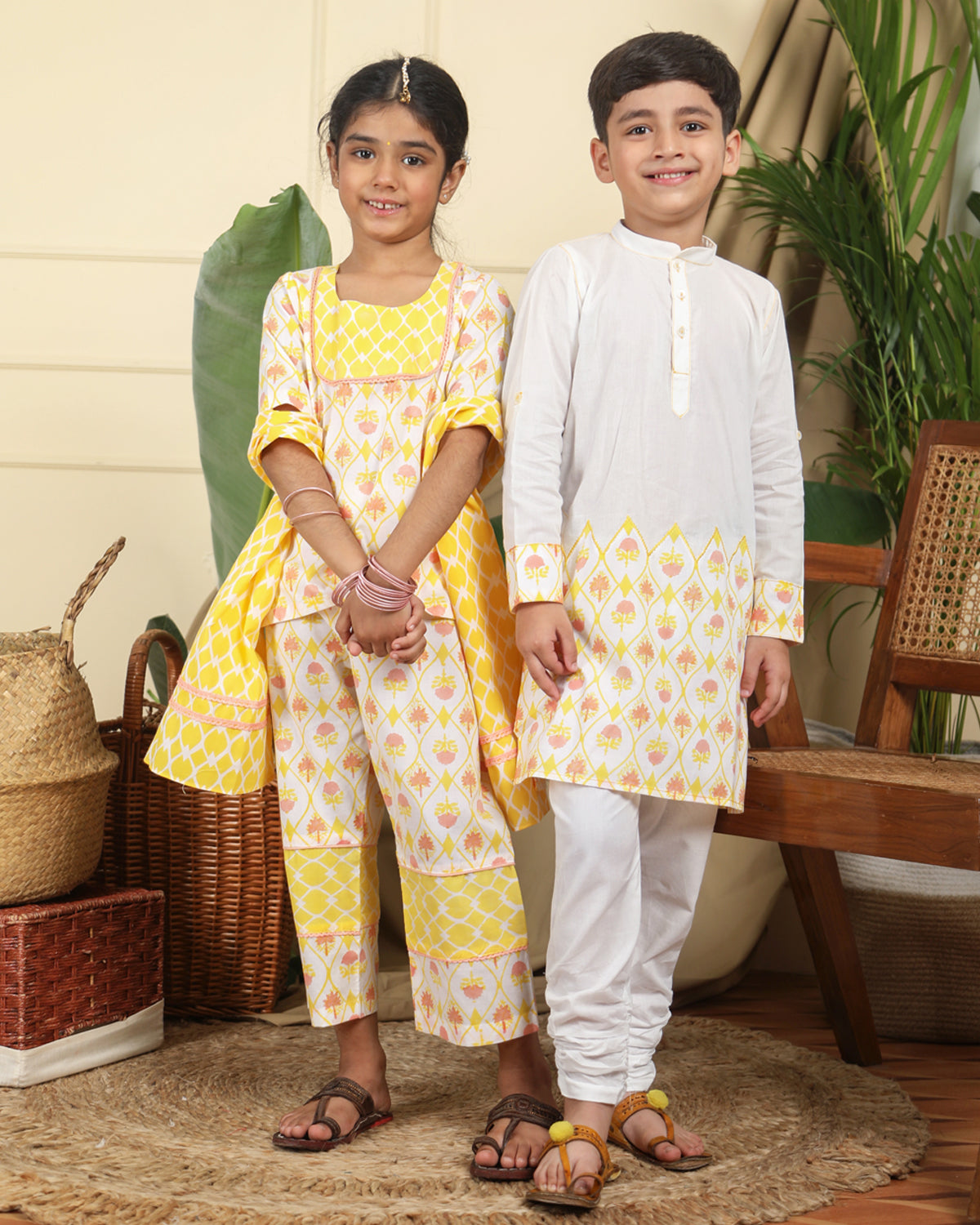 Zahra Boys Ethnic Embroidered Kurta in Hand-Block Printed Cotton with Churidaar Set