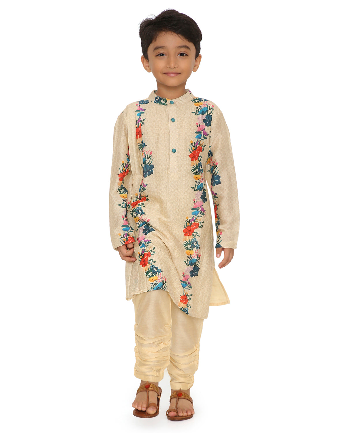 Gulzar Cotton Silk Floral Printed Pleated Kurta with Churidaar, Cream