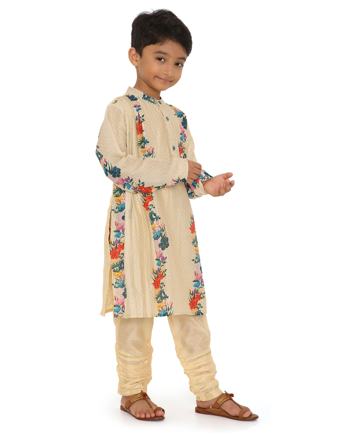 Gulzar Cotton Silk Floral Printed Pleated Kurta with Churidaar, Cream