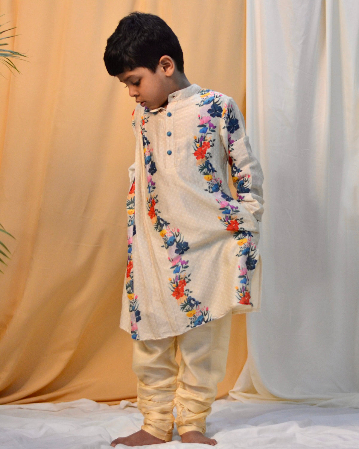 Gulzar Cotton Silk Floral Printed Pleated Kurta with Churidaar, Cream