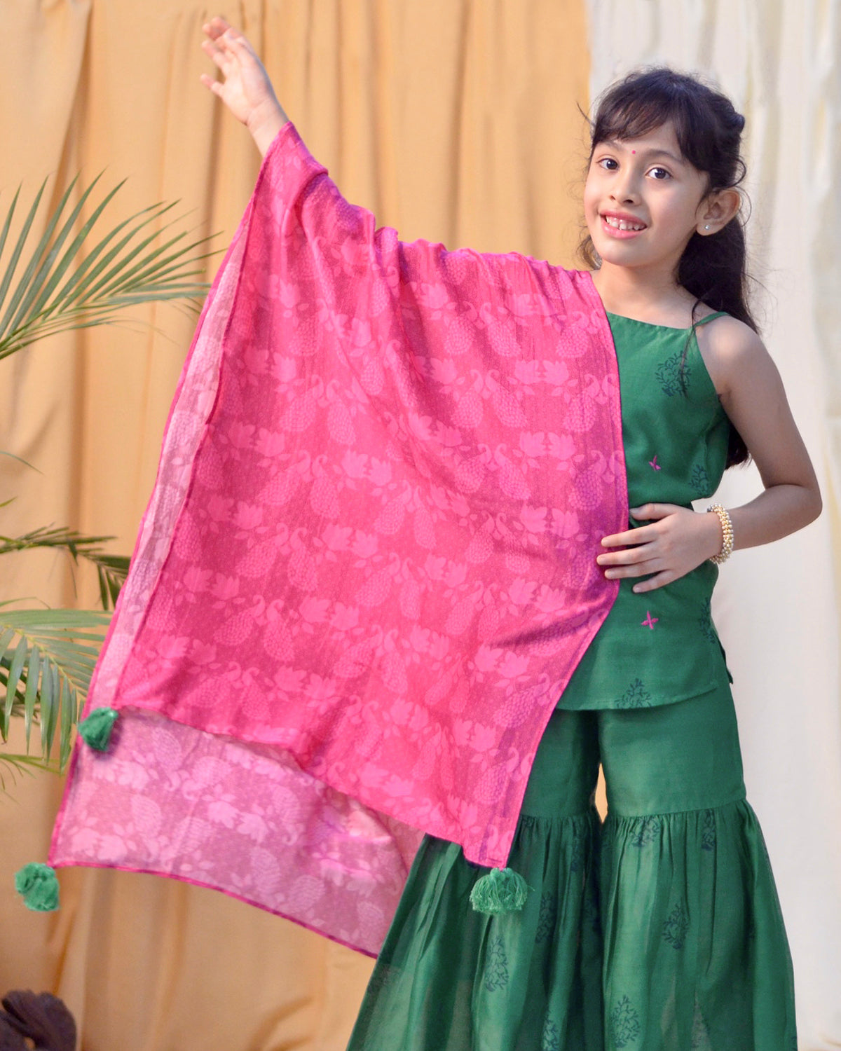Panna Cotton Silk Chanderi Green Block Printed Sharara Set with Pink Dupatta