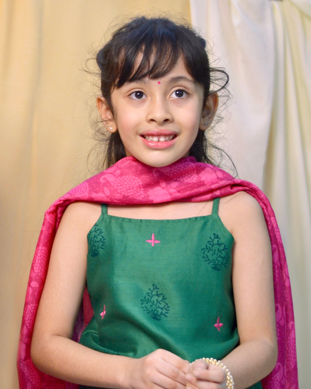 Panna Cotton Silk Chanderi Green Block Printed Sharara Set with Pink Dupatta