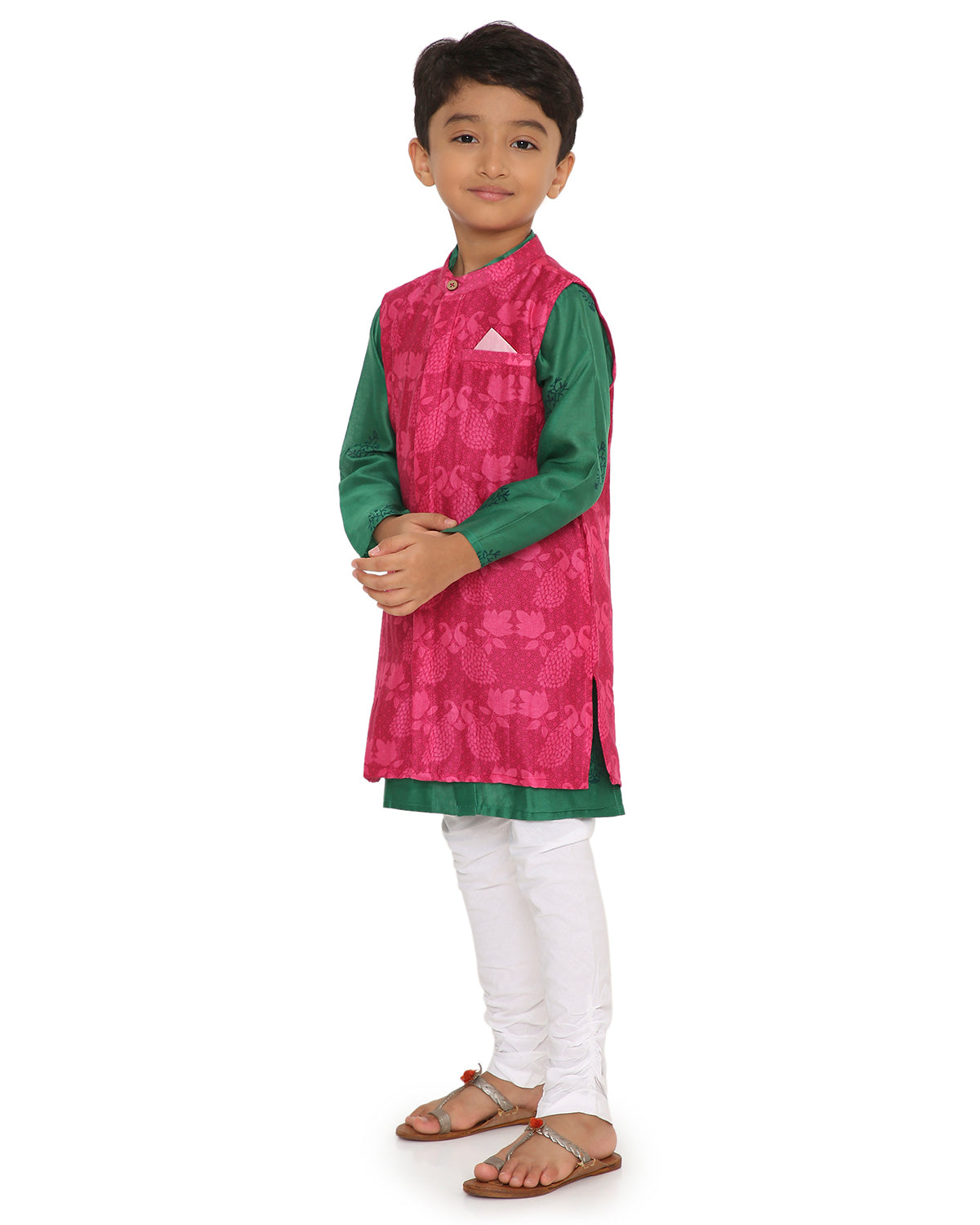 Panna Cotton Silk Green Block Printed Kurta with Pink Long Sherwani Jacket and Churidaar