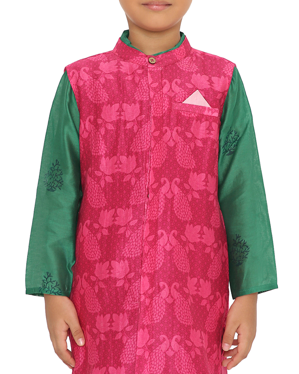 Panna Cotton Silk Green Block Printed Kurta with Pink Long Sherwani Jacket and Churidaar