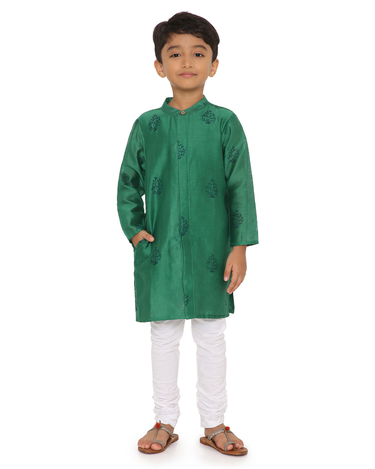 Panna Cotton Silk Green Block Printed Kurta with Pink Long Sherwani Jacket and Churidaar