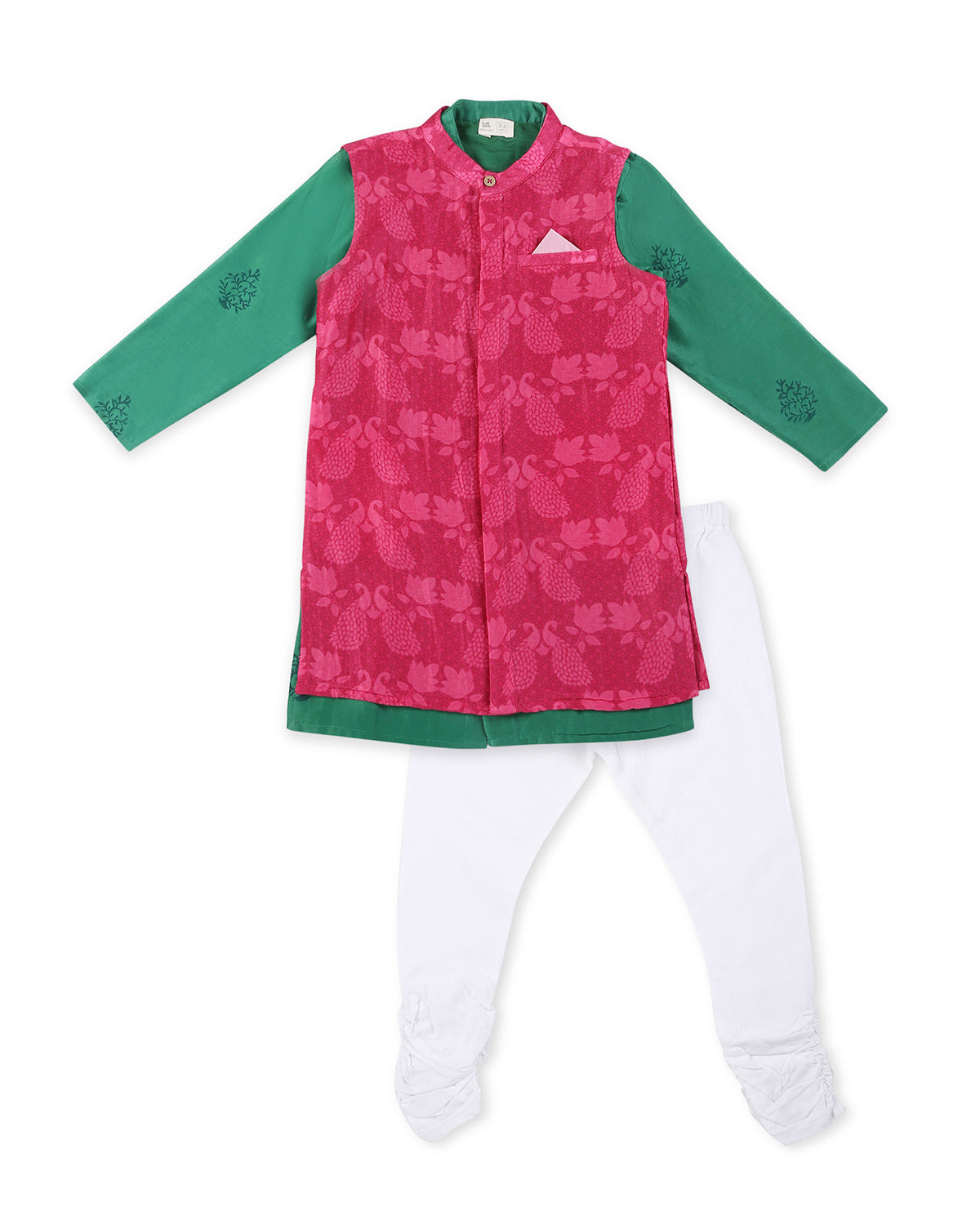 Panna Cotton Silk Green Block Printed Kurta with Pink Long Sherwani Jacket and Churidaar