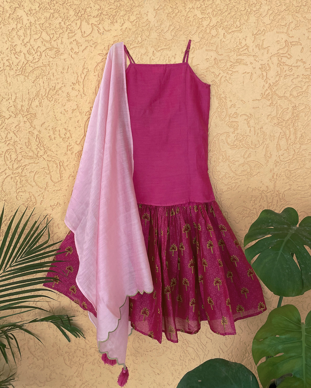 Maanik Cotton Silk  Block Printed Sharara Set with Scalloped Dupatta, Pink