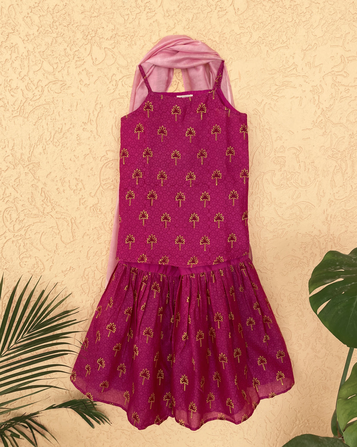 Maanik Cotton Silk  Block Printed Sharara Set with Scalloped Dupatta, Pink