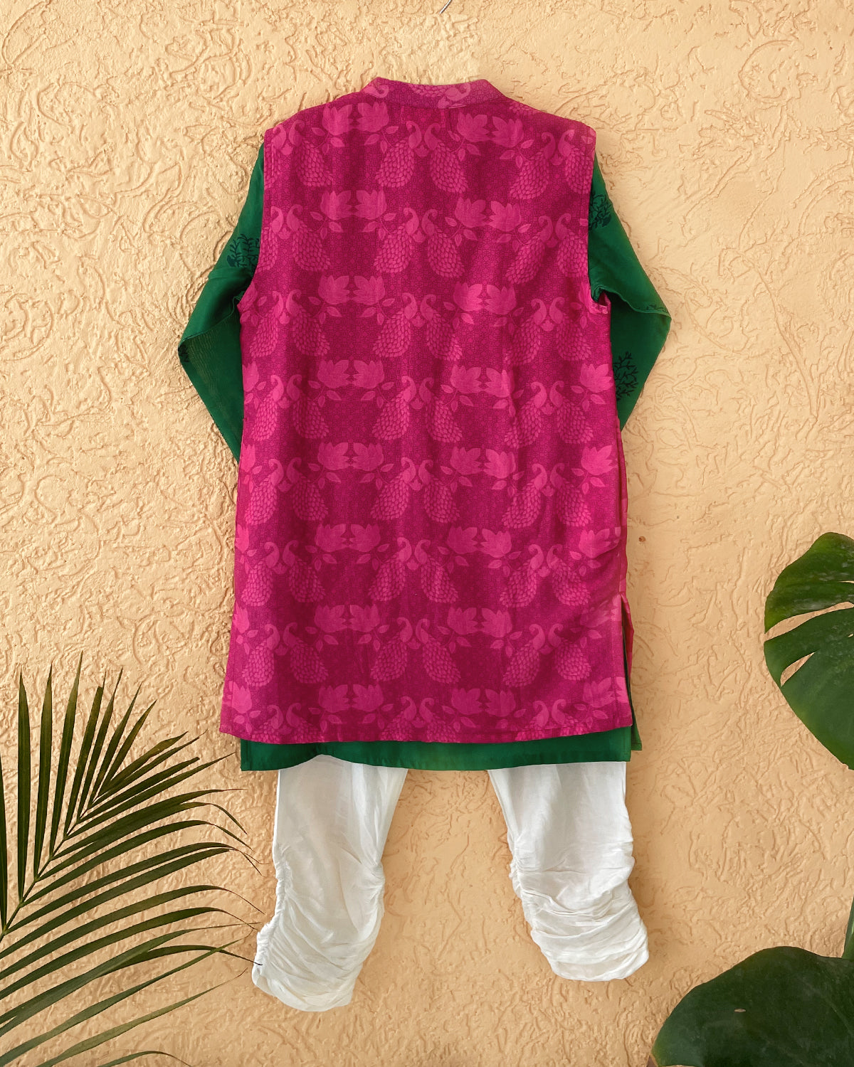 Panna Cotton Silk Green Block Printed Kurta with Pink Long Sherwani Jacket and Churidaar