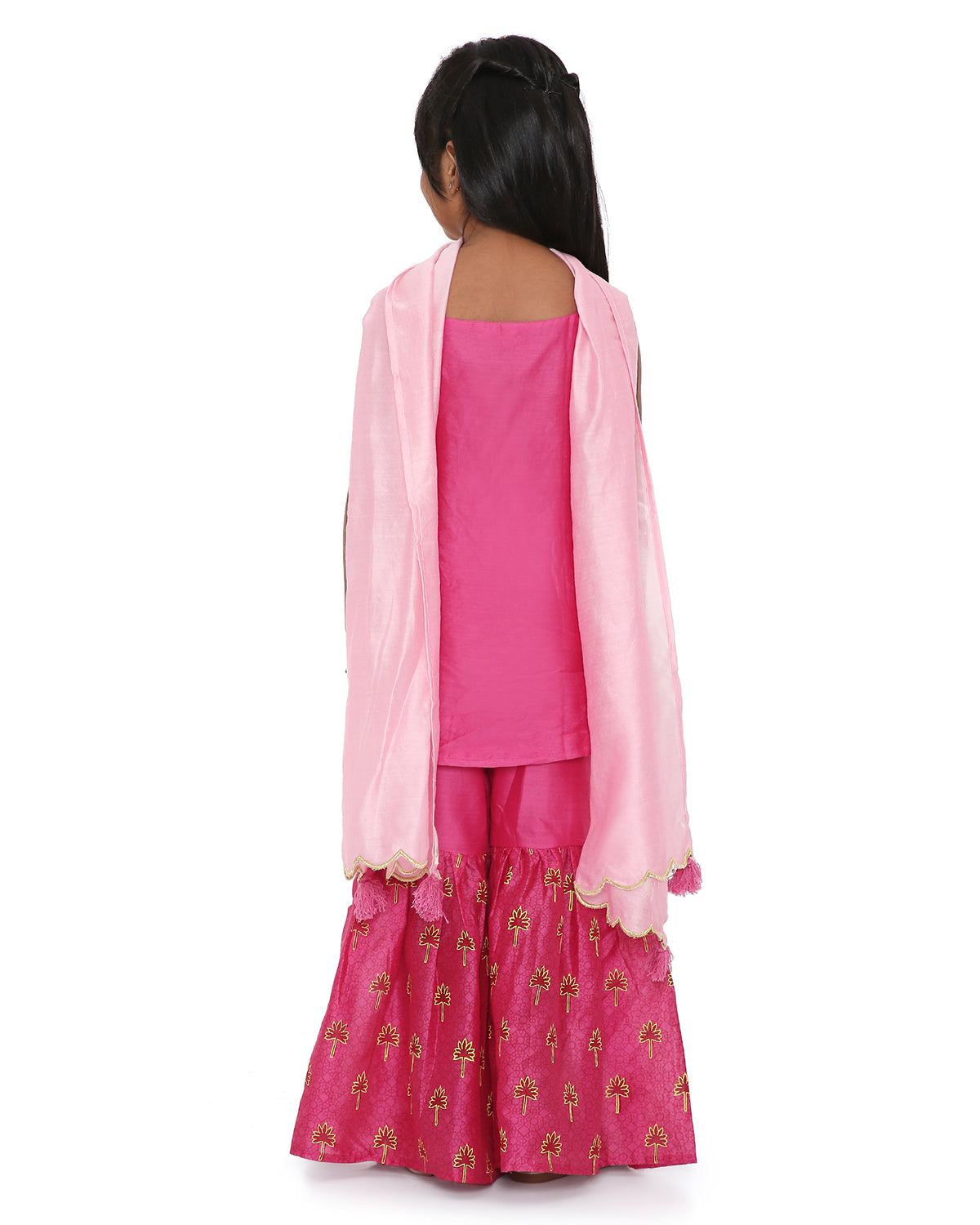 Maanik Cotton Silk  Block Printed Sharara Set with Scalloped Dupatta, Pink