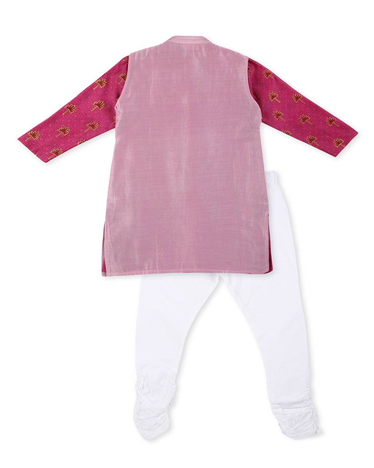 Maanik Cotton Silk Magenta Block Printed Kurta with Zari Embroidered Long Sherwani Jacket and Churidaar