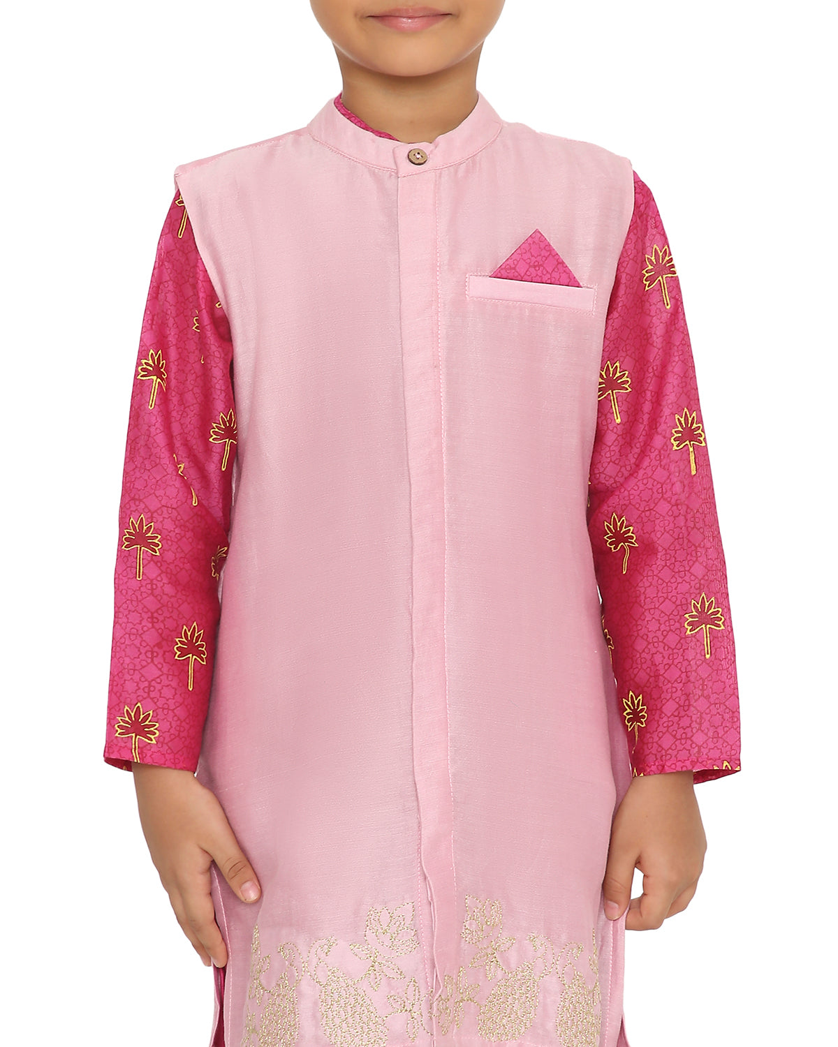 Maanik Cotton Silk Magenta Block Printed Kurta with Zari Embroidered Long Sherwani Jacket and Churidaar