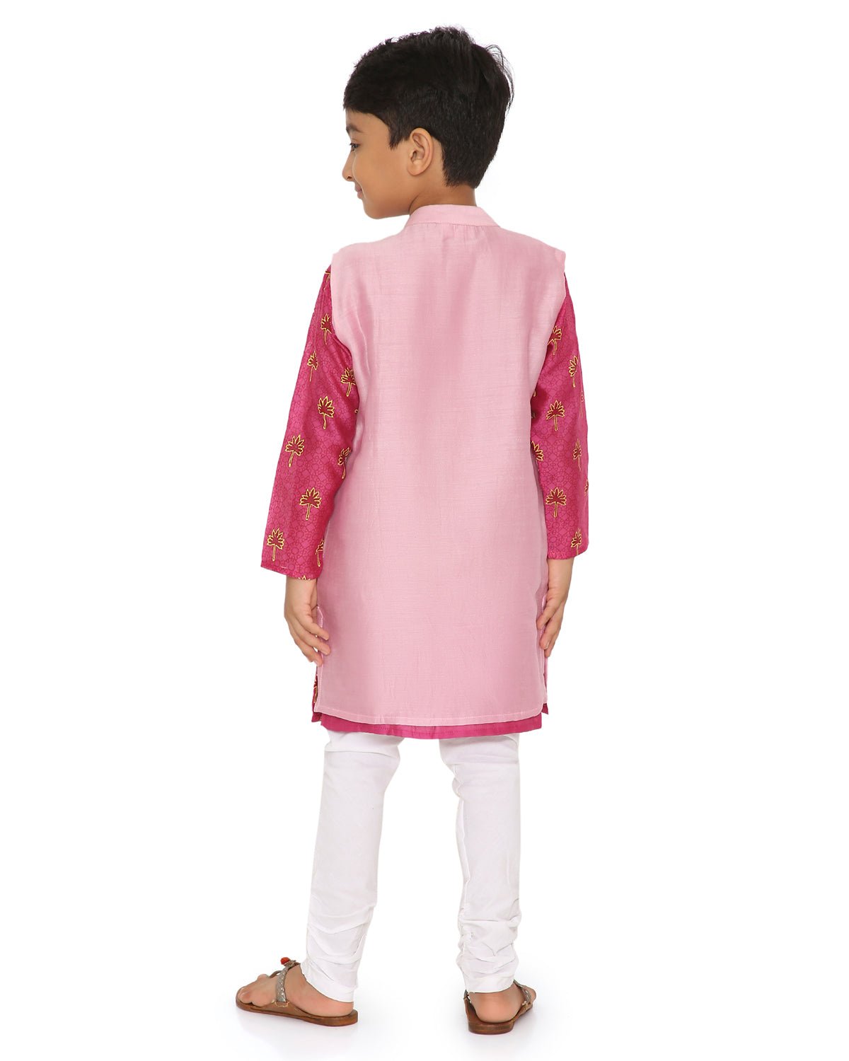 Maanik Cotton Silk Magenta Block Printed Kurta with Zari Embroidered Long Sherwani Jacket and Churidaar