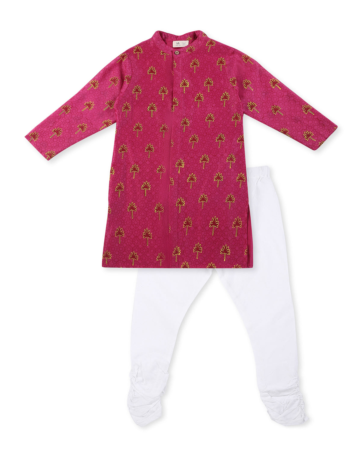 Maanik Cotton Silk Magenta Block Printed Kurta with Zari Embroidered Long Sherwani Jacket and Churidaar