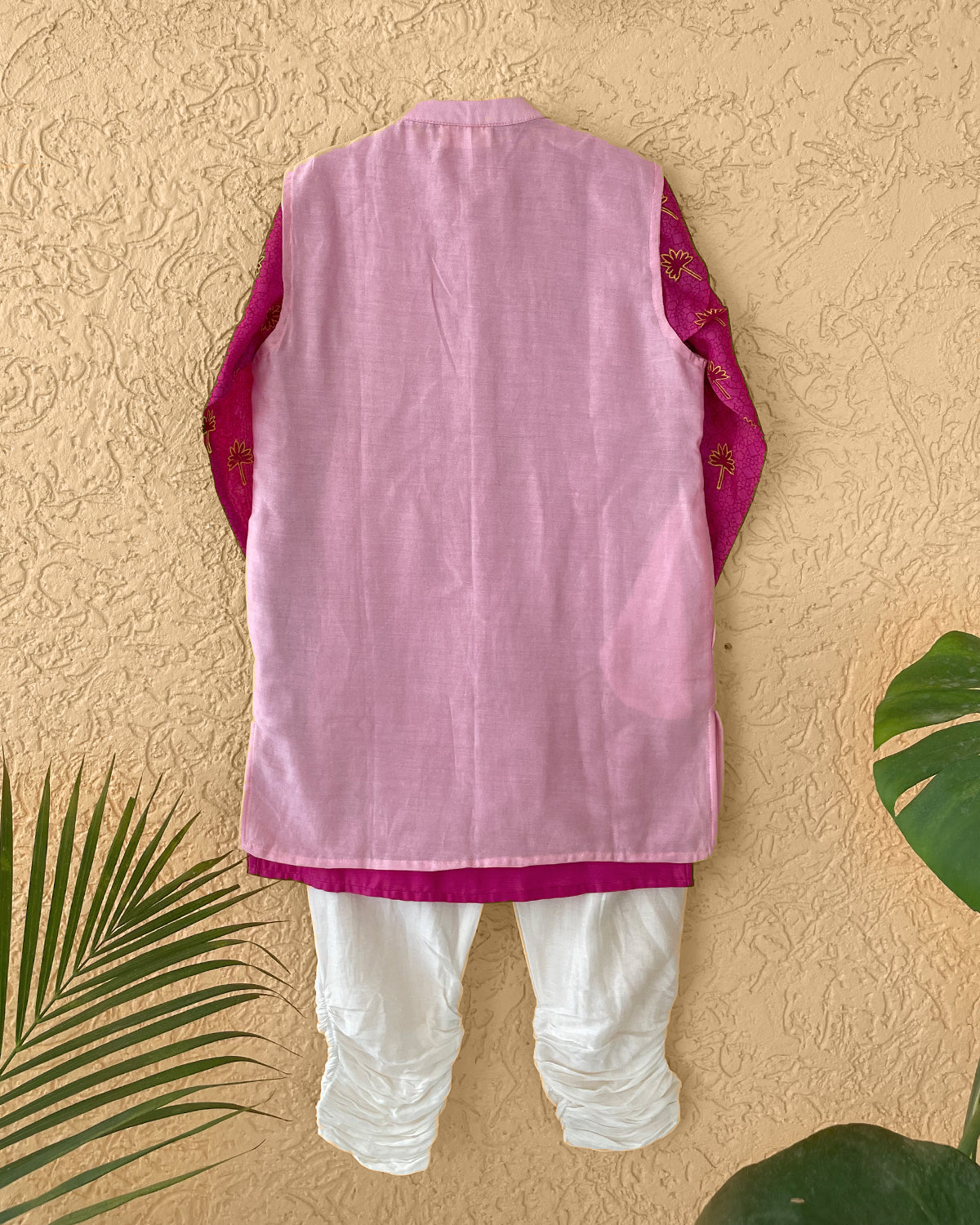 Maanik Cotton Silk Magenta Block Printed Kurta with Zari Embroidered Long Sherwani Jacket and Churidaar