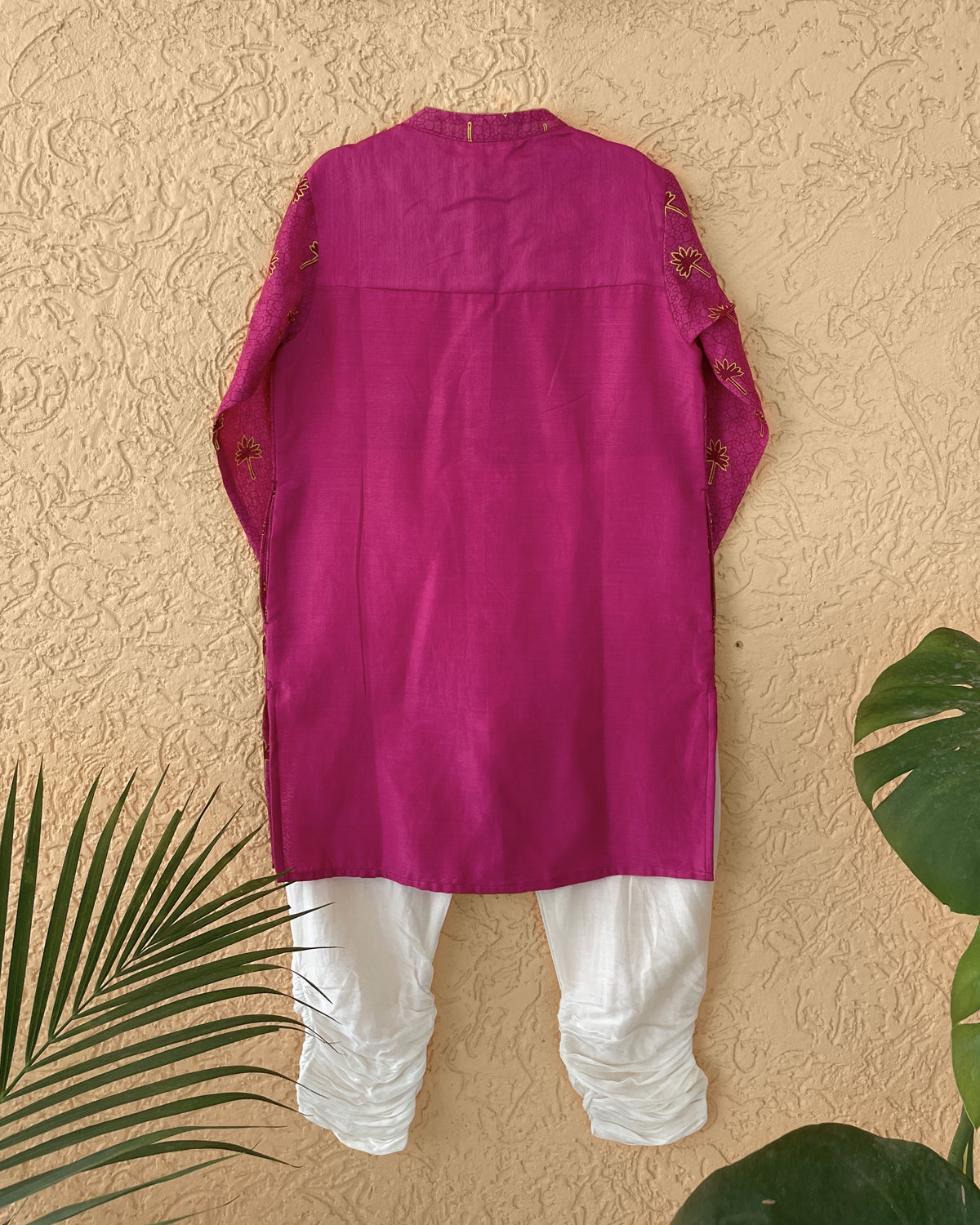 Maanik Cotton Silk Magenta Block Printed Kurta with Zari Embroidered Long Sherwani Jacket and Churidaar