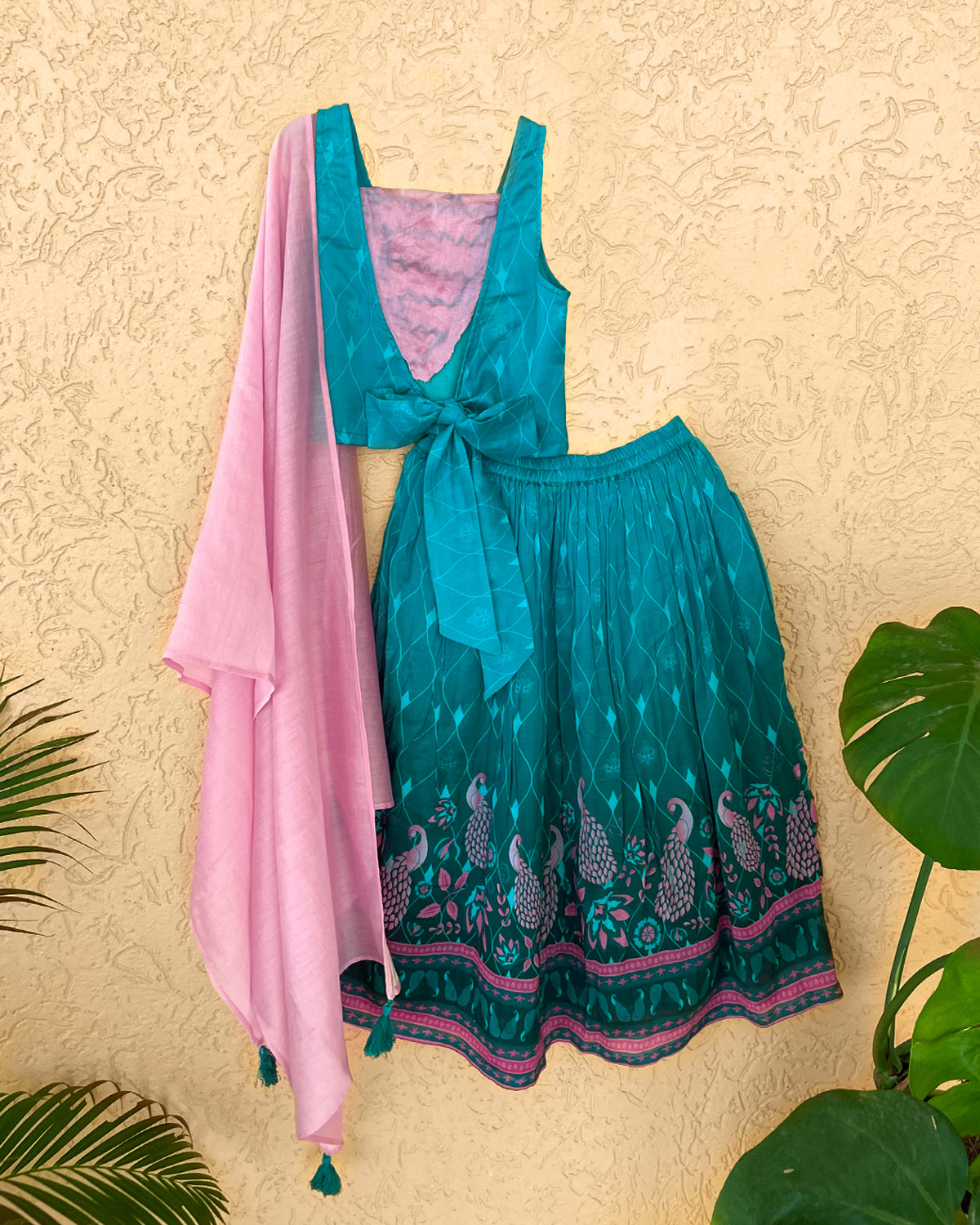 Firoza Cotton Silk Printed Lehenga with Zari Embroidered Blouse and matching Dupatta, Turquoise Blue