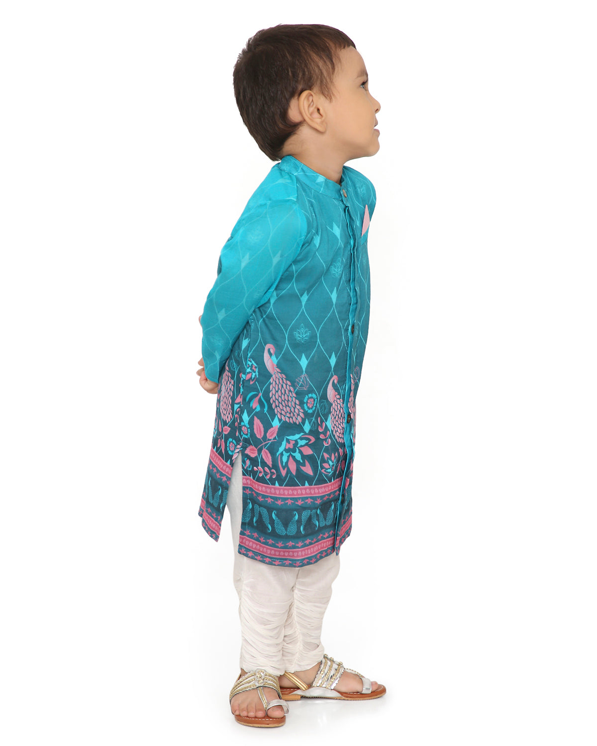 Firoza Cotton Silk Printed Sherwani with Churidaar, Turquoise Blue