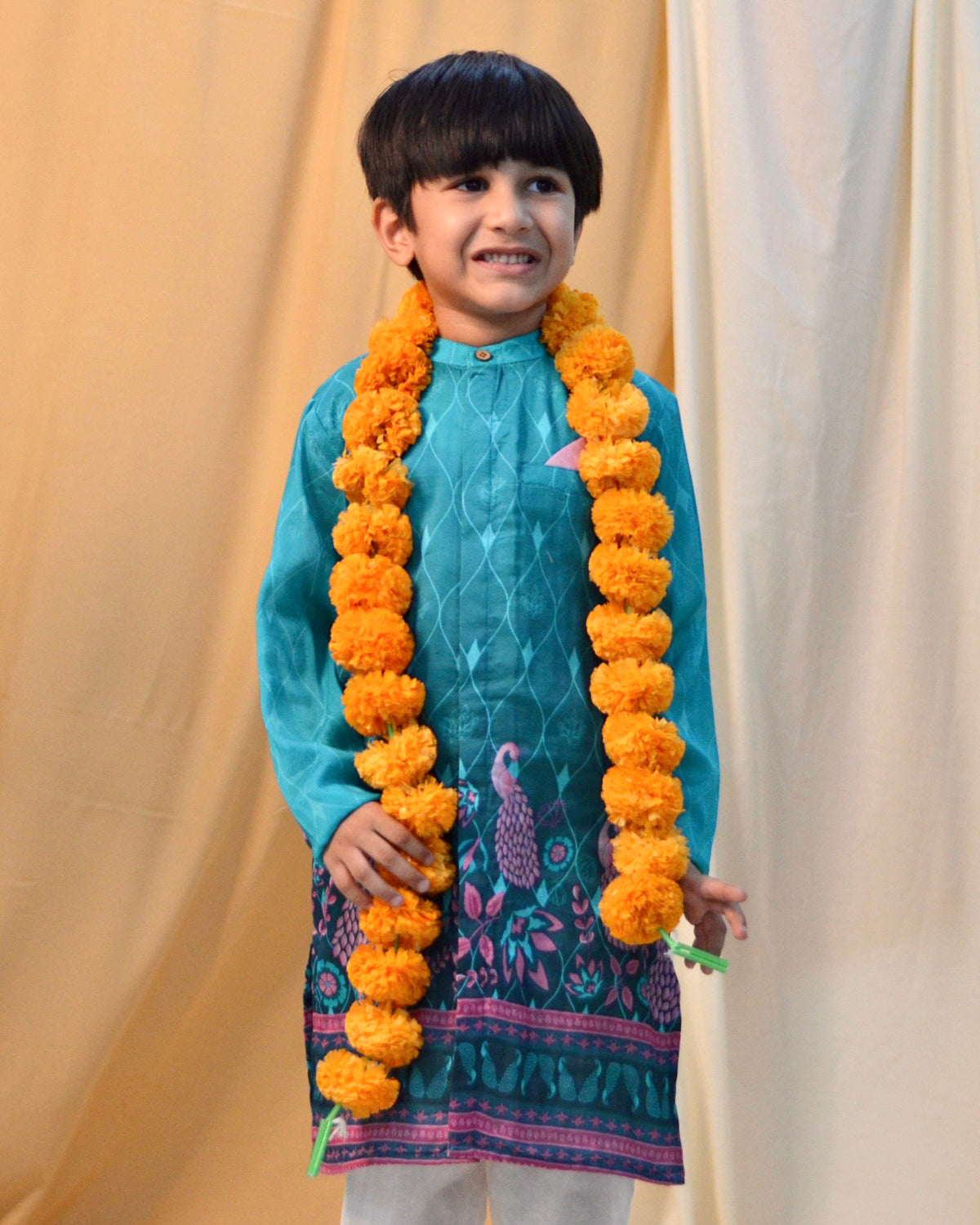 Firoza Cotton Silk Printed Sherwani with Churidaar, Turquoise Blue