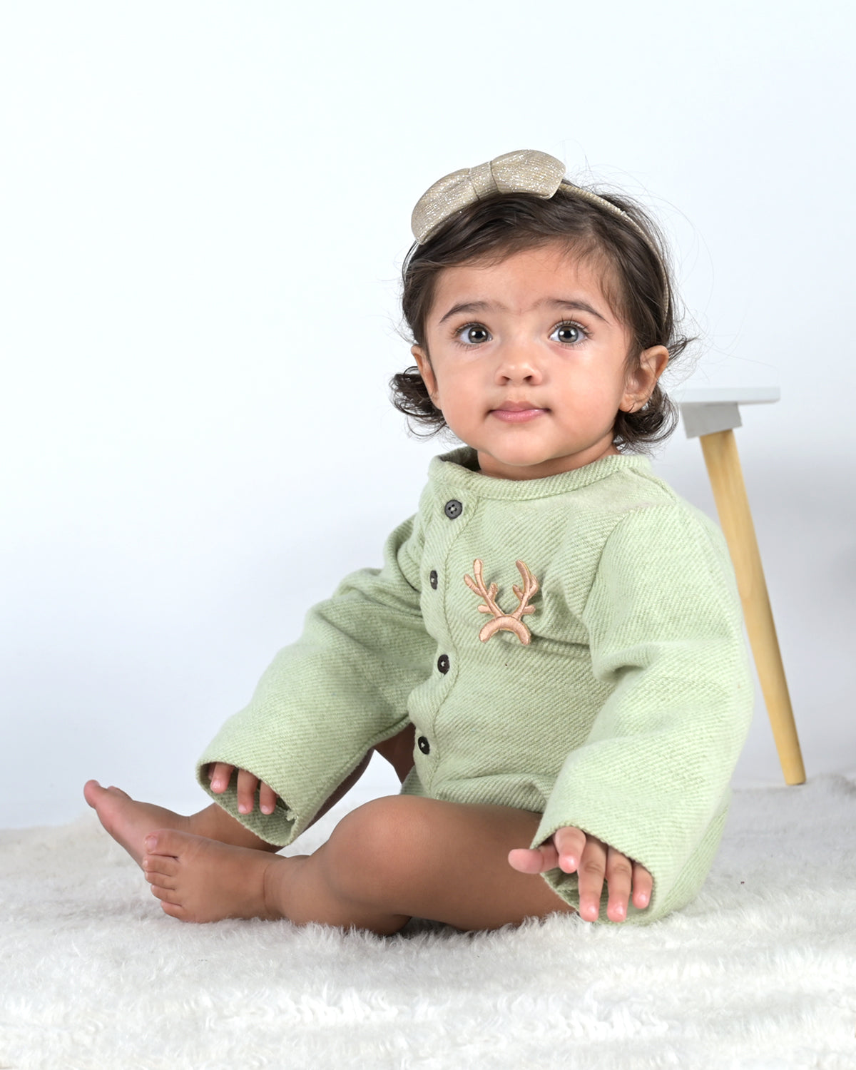 Holly-Jolly Cotton Embroidered Full Sleeves Unisex Winter Onesie with Detachable Reindeer Horns Patch, Light Green