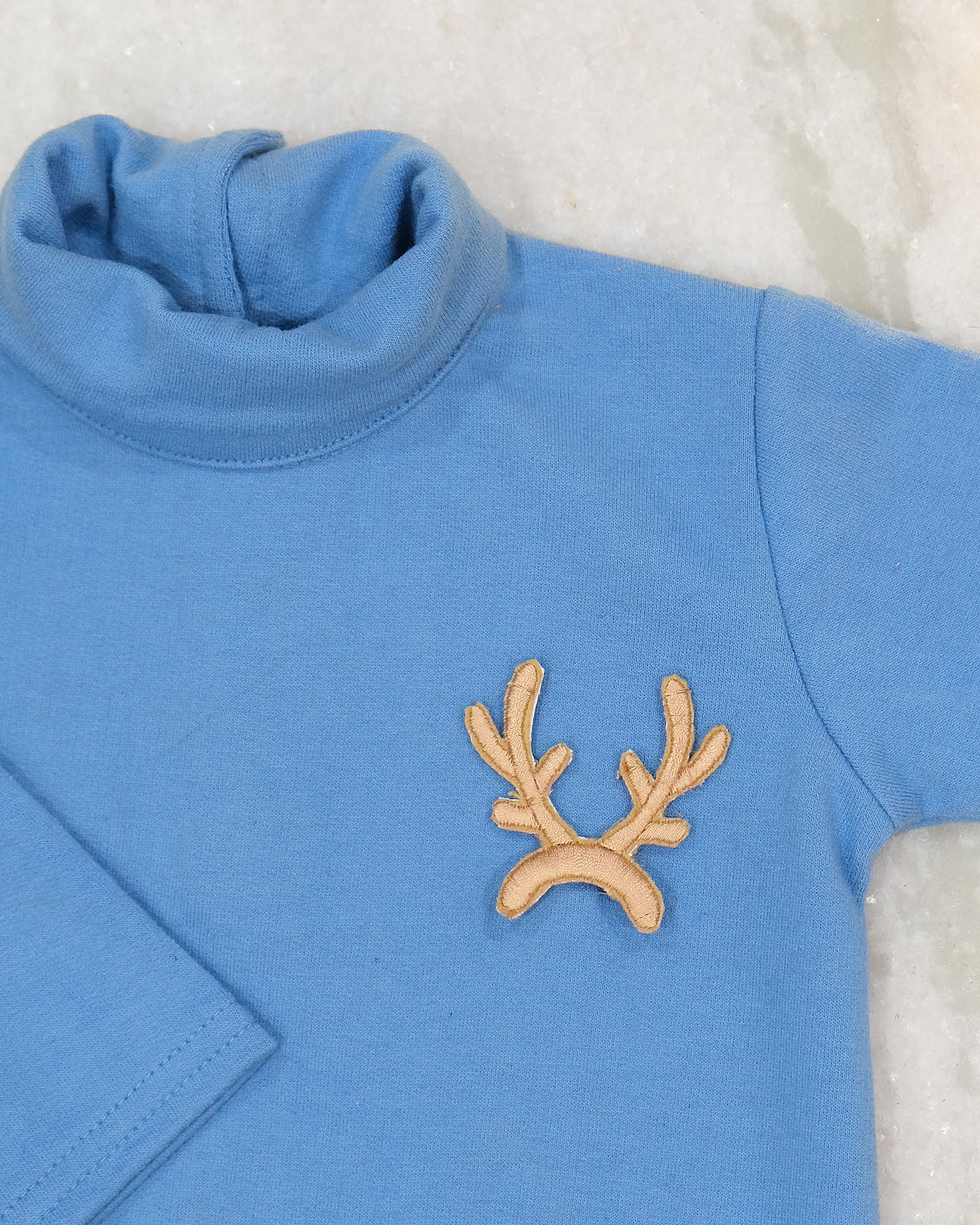 Frost Cotton Terry Unisex Turtleneck Onesie with Detachable Reindeer Horns Patch, Blue