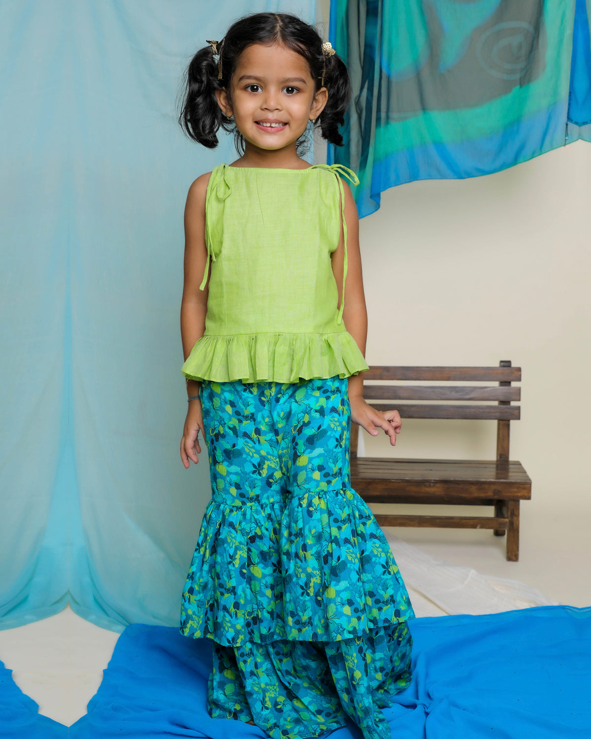 Nilmohar Sharara Set, Blue and Green