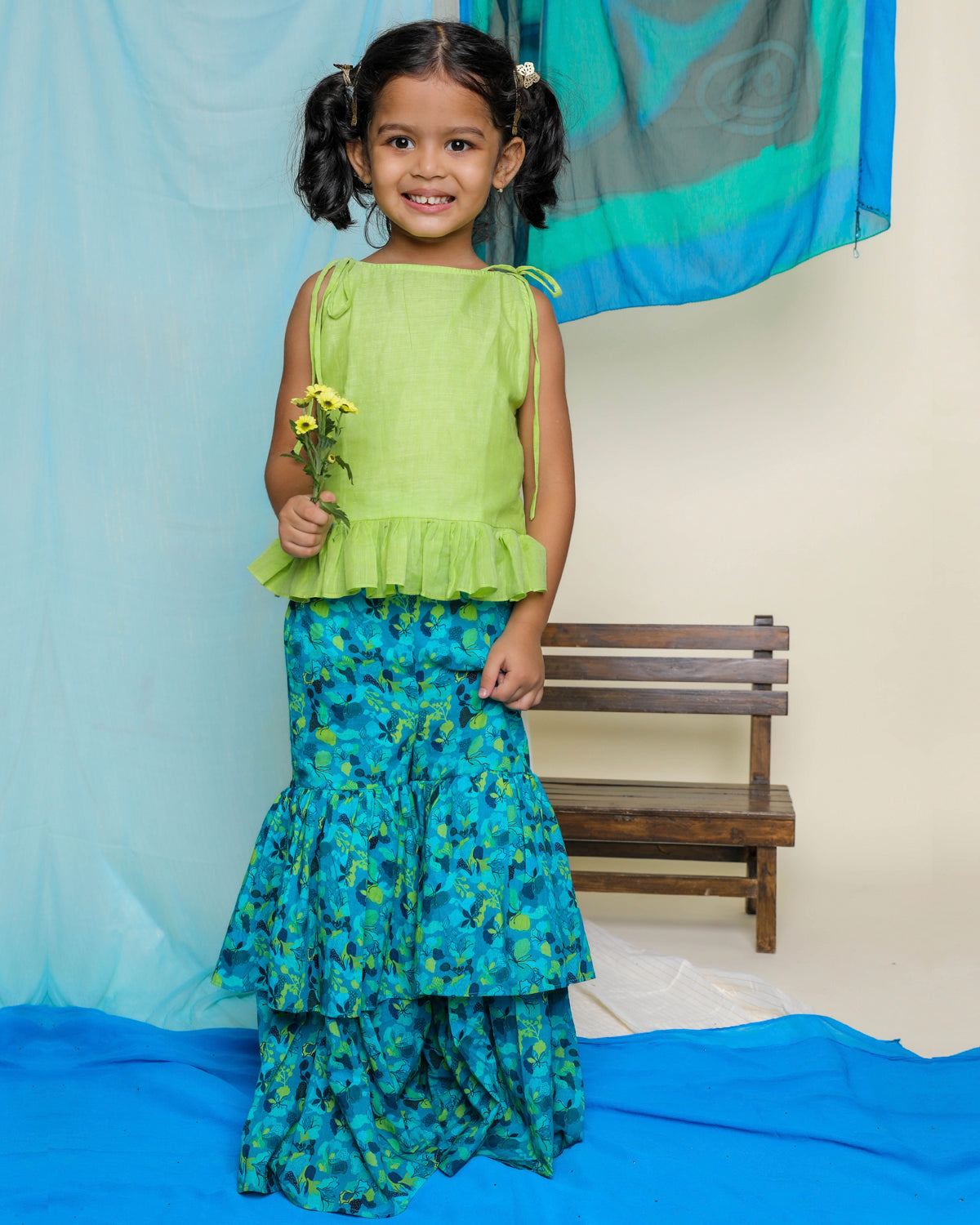 Nilmohar Printed Cotton Sharara with Sleevless Tie-Up Top Set, Blue and Green