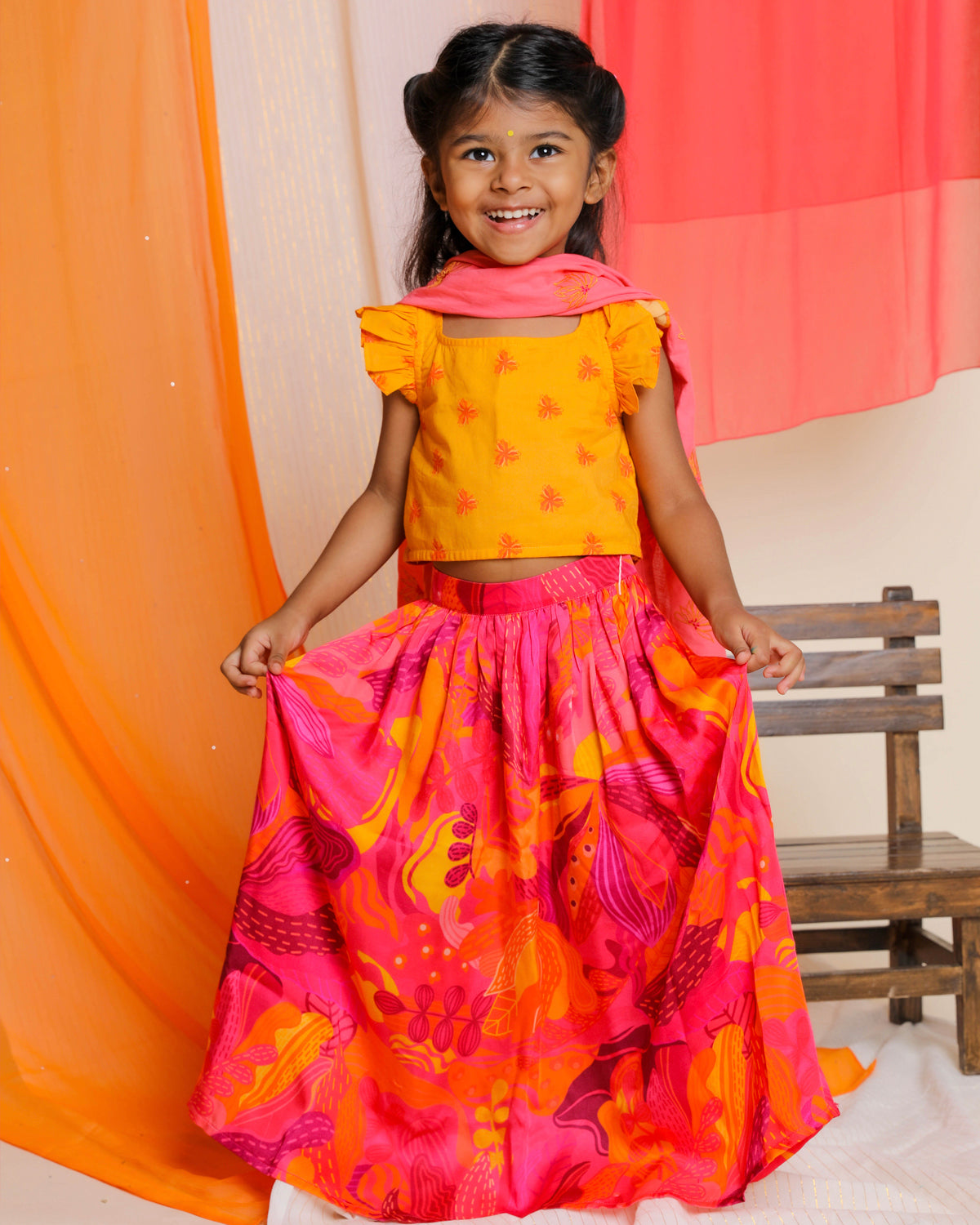 Palash Lehenga Set with Embroidered Dupatta, Pink & Yellow