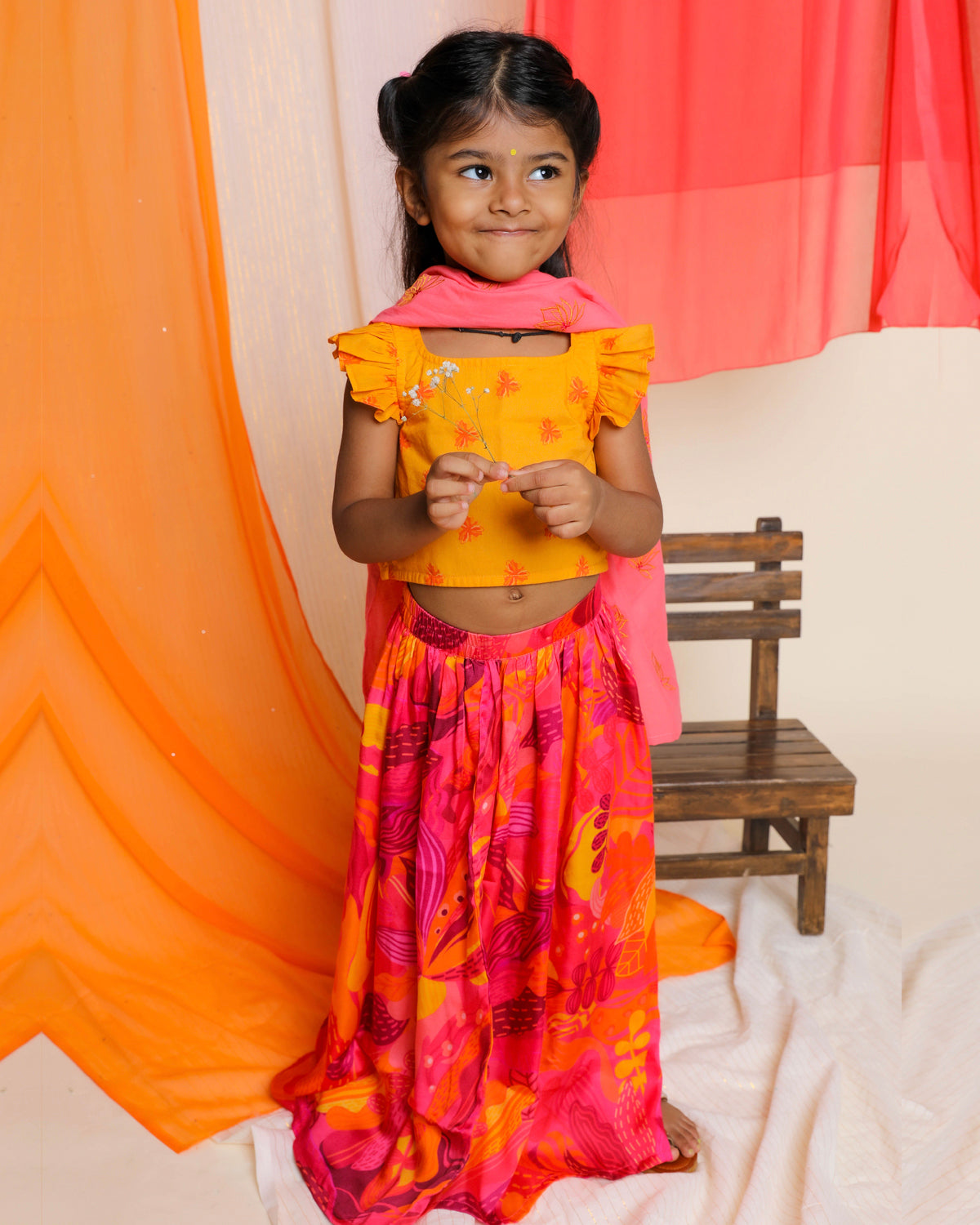 Palash Lehenga Set with Embroidered Dupatta, Pink & Yellow